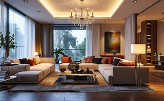 A modern living room showcasing the interplay of ambient, task, and accent lighting, featuring a chandelier, desk lamp, and spotlights to create a balanced and inviting atmosphere.