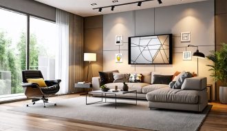 Digital interface of lighting design software displaying a 3D model of a living room with different lighting styles, illustrating the software's capabilities in creating mood and ambiance.
