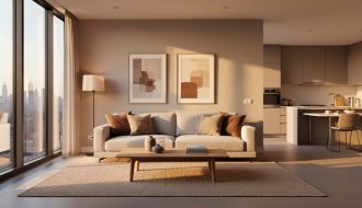 Eye-level, straight-on photo of a modern staged living room with golden hour sunlight entering from large left windows and soft balanced interior lighting; neutral sofa, coffee table, rug, and plant; realistic shadows; open-plan kitchen and faint city skyline visible in the background.