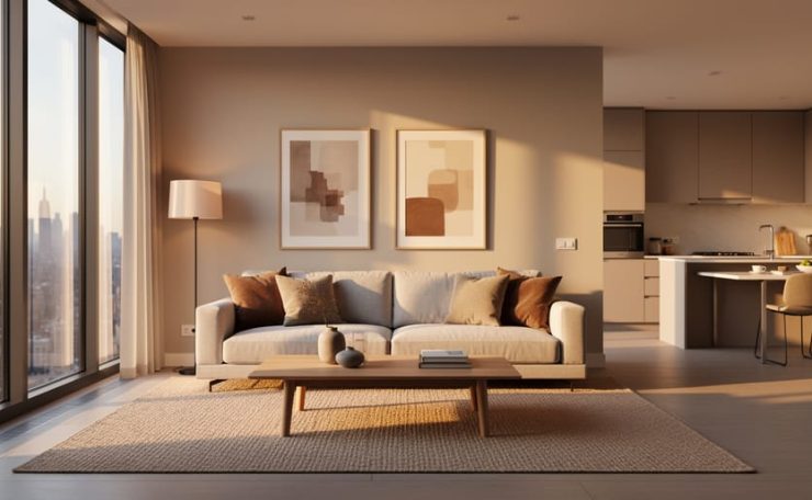 Eye-level, straight-on photo of a modern staged living room with golden hour sunlight entering from large left windows and soft balanced interior lighting; neutral sofa, coffee table, rug, and plant; realistic shadows; open-plan kitchen and faint city skyline visible in the background.