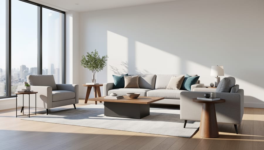 Virtually staged living room with realistic AI-generated lighting and furniture shadows