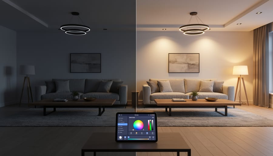Dark basement room brightened with AI virtual lighting and staged furniture