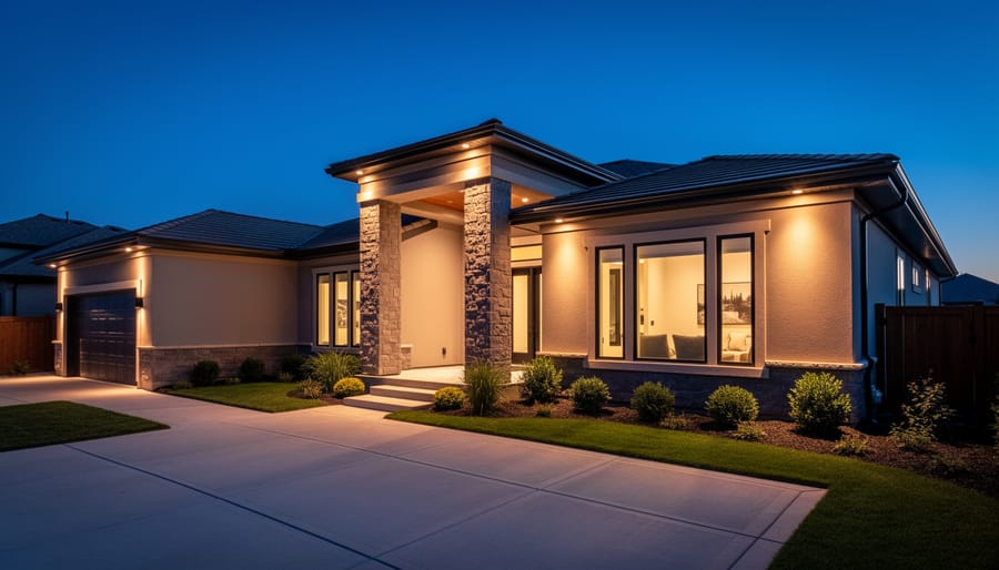 Home exterior with uplighting highlighting stone columns and architectural details at twilight