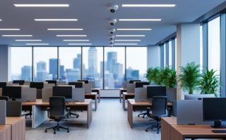 Open‑plan office with LED panel lighting, ceiling motion sensors, and floor‑to‑ceiling windows providing ample daylight, photographed straight‑on at eye level in a clean, modern setting.