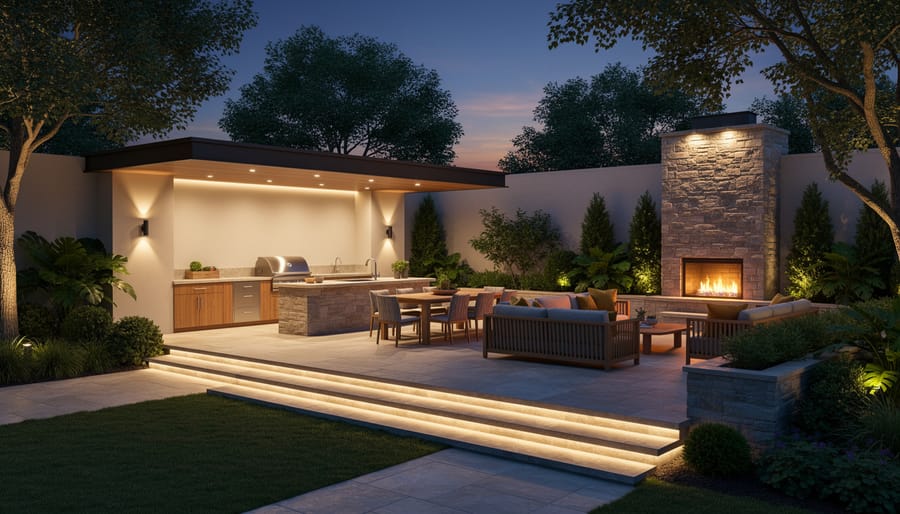 Outdoor patio with multiple warm lighting layers including overhead string lights and wall fixtures