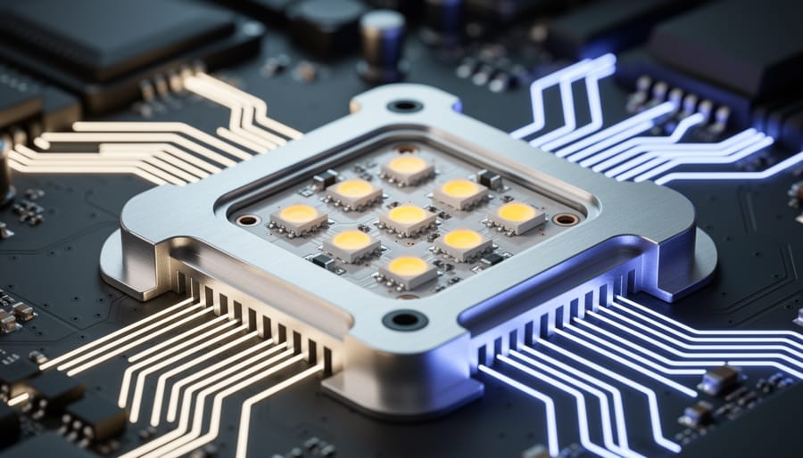 Close-up detail of LED bulb internal components and heat sink design