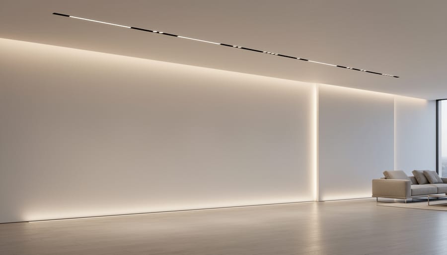 Close-up of minimalist LED outdoor fixture recessed into stone wall
