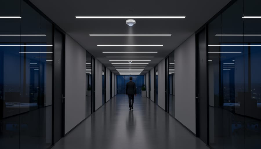 Motion sensor and LED light fixture installed on modern interior wall