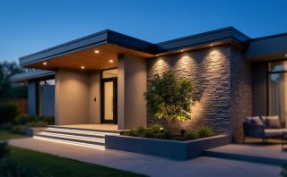 Contemporary home at blue hour with layered outdoor lighting—warm 2700K downlights, linear LED strips on steps and planters, and spotlights highlighting a tree and textured stone facade, with garden and patio seating softly blurred in the background.