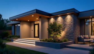 Contemporary home at blue hour with layered outdoor lighting—warm 2700K downlights, linear LED strips on steps and planters, and spotlights highlighting a tree and textured stone facade, with garden and patio seating softly blurred in the background.