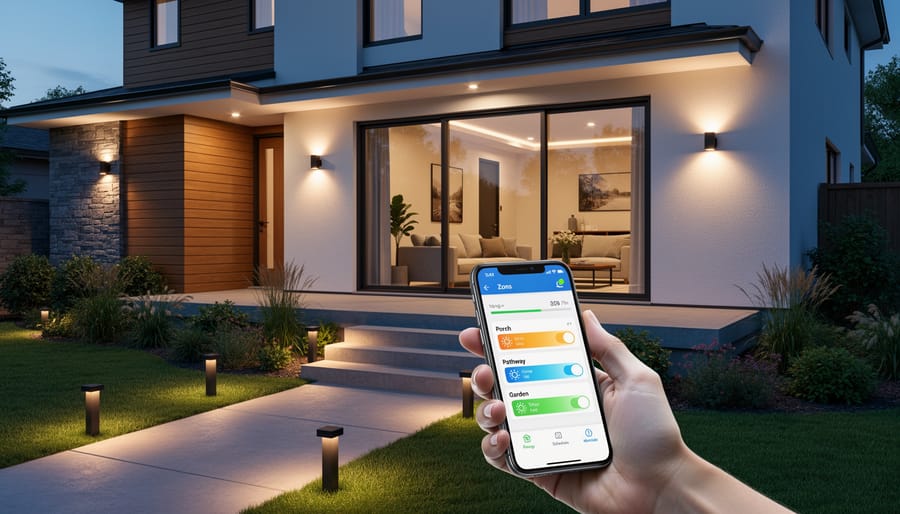 Modern smart outdoor lighting fixtures illuminated on contemporary home exterior at dusk