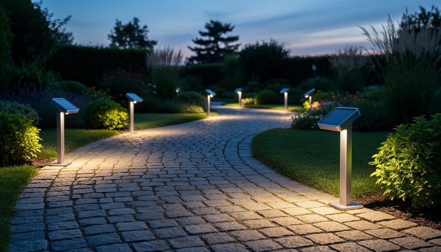 Solar pathway lights illuminating garden walkway during evening twilight