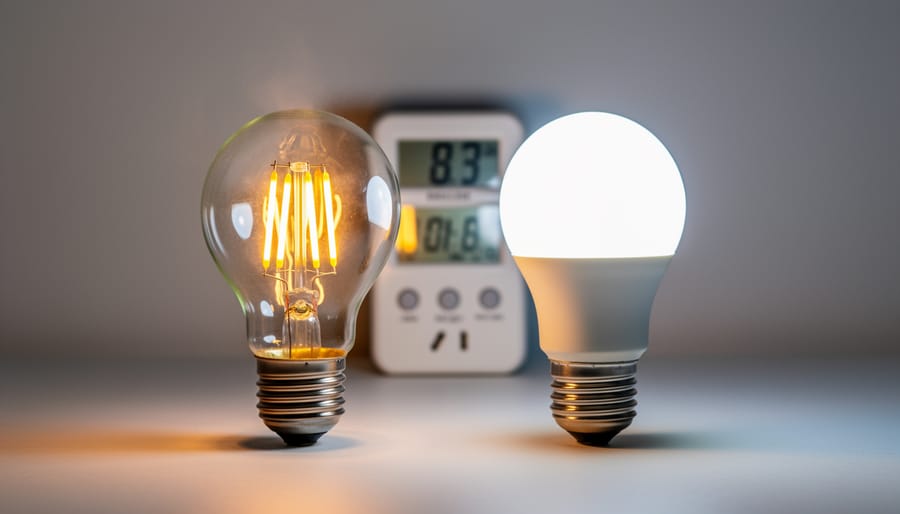 Incandescent bulb and LED bulb side by side on desk with electricity meter in background