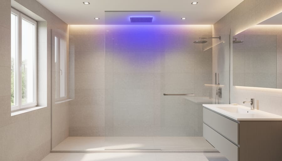 Bathroom vanity with a concealed UV-C LED disinfection fixture partially visible in the ceiling corner