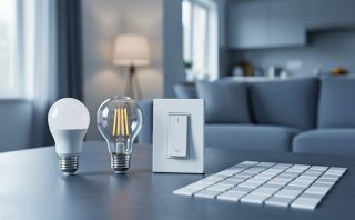 Three LED lighting products (LED bulbs and a smart dimmer switch) arranged side by side with blank grid-style comparison cards on a tabletop.