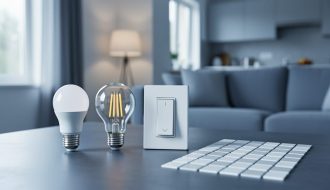 Three LED lighting products (LED bulbs and a smart dimmer switch) arranged side by side with blank grid-style comparison cards on a tabletop.