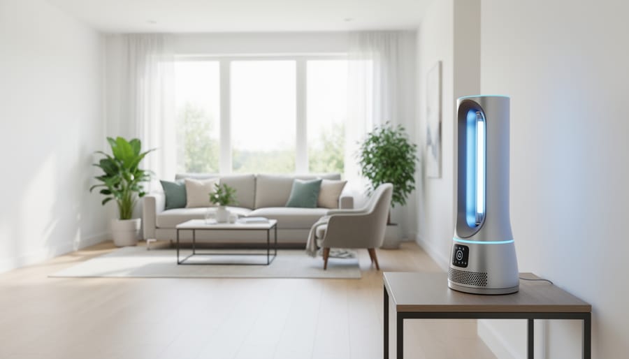 Person holding a filter near a modern HVAC vent in a bright bedroom setting