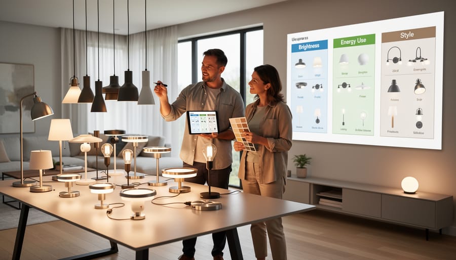 A homeowner and designer comparing modern lighting fixtures on a kitchen island.