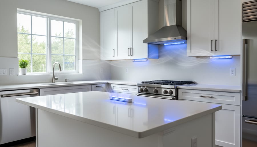 Kitchen countertop with a discreet UV-C LED disinfection unit near a vent and faucet