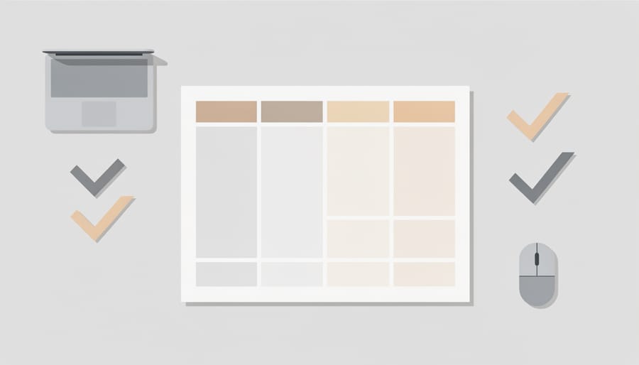 Top-down view of a desk with scattered lighting spec swatches and blurred workspace elements.