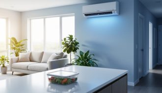 Modern living room with a mounted UVC LED disinfection fixture near an HVAC vent and a clean, healthy-looking home environment in cool daylight.