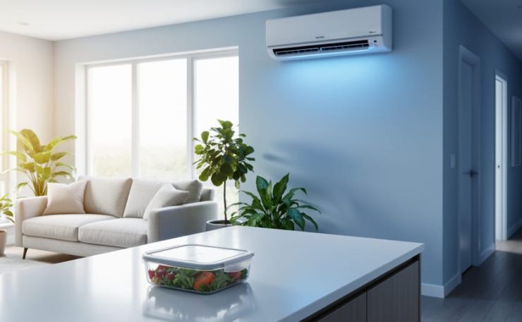 Modern living room with a mounted UVC LED disinfection fixture near an HVAC vent and a clean, healthy-looking home environment in cool daylight.