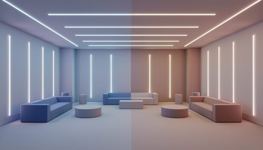 Event lounge scene with color-changing RGB linear LED lighting creating blue and magenta ambience.