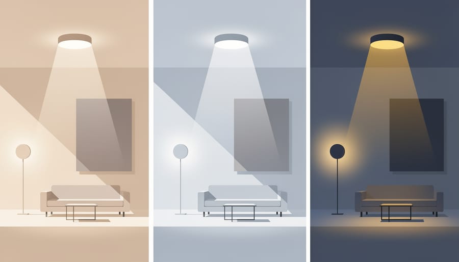 Family dining in a room with warm overhead light and cooler accent light on wall artwork