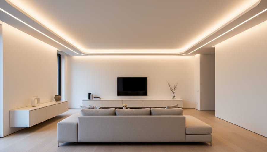 Hallway with recessed ceiling cove lighting creating a continuous glow along the walls.