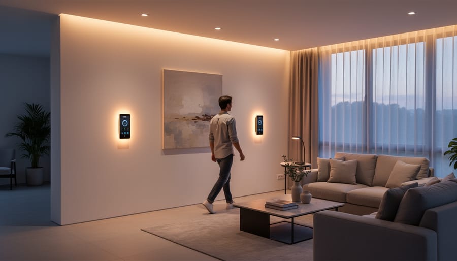 Hand adjusting a smart dimmer switch beside a motion sensor in a modern hallway