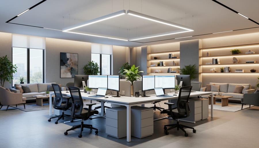 Home office scene showing tunable white lighting that looks cooler over the desk and warmer in the room.