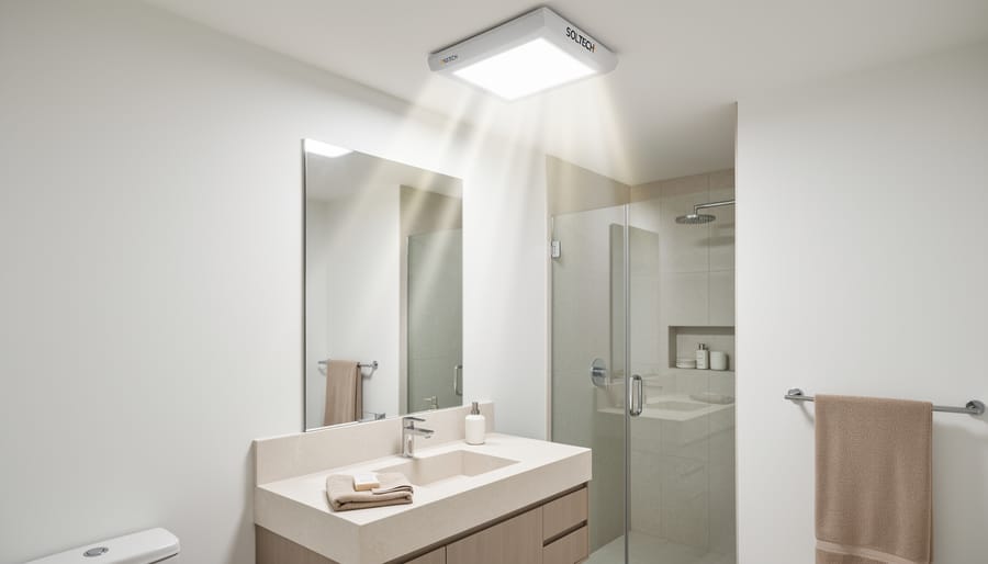 Homeowner in a windowless bathroom experiencing natural daylight from a solar lighting fixture