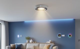 “Modern ceiling LED lighting and a smart lighting control device glowing subtly in a clean living room and commercial-style architectural space.”