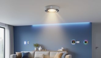 “Modern ceiling LED lighting and a smart lighting control device glowing subtly in a clean living room and commercial-style architectural space.”