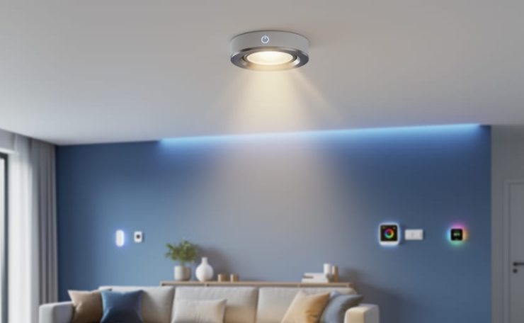 “Modern ceiling LED lighting and a smart lighting control device glowing subtly in a clean living room and commercial-style architectural space.”