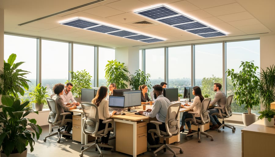 Open-plan office interior illuminated by solar lighting providing natural daylight coverage