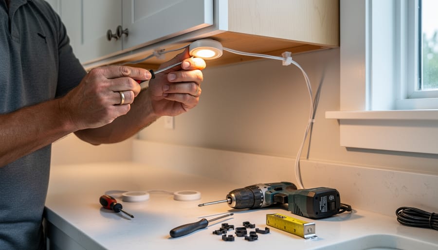 Person installing under-cabinet puck lights beneath a kitchen cabinet with routed wiring and tools nearby