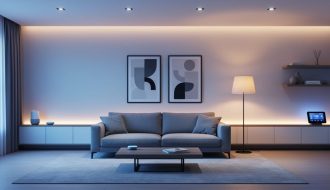 “Modern living room featuring layered smart lighting with ceiling spotlights, a floor lamp, and warm accent light on the wall.”