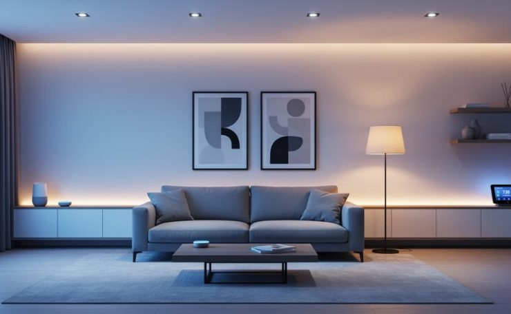 “Modern living room featuring layered smart lighting with ceiling spotlights, a floor lamp, and warm accent light on the wall.”