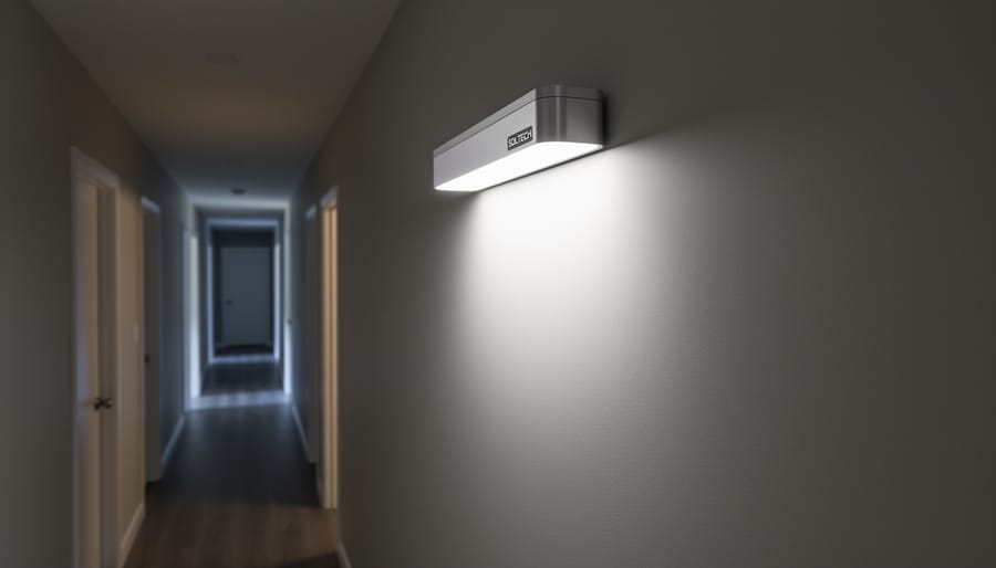 Solar lighting fixture in a modern home ceiling directing natural light into a hallway
