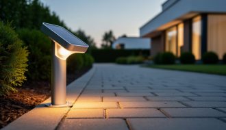 Close-up low-angle view of a solar pathway lighting fixture with a visible solar panel glowing warmly along a residential walkway at dusk.