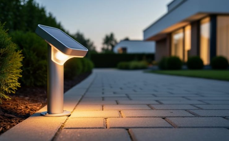 Close-up low-angle view of a solar pathway lighting fixture with a visible solar panel glowing warmly along a residential walkway at dusk.