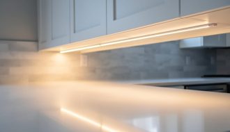 Warm LED strip lights mounted under kitchen cabinets illuminating a countertop with reduced shadows