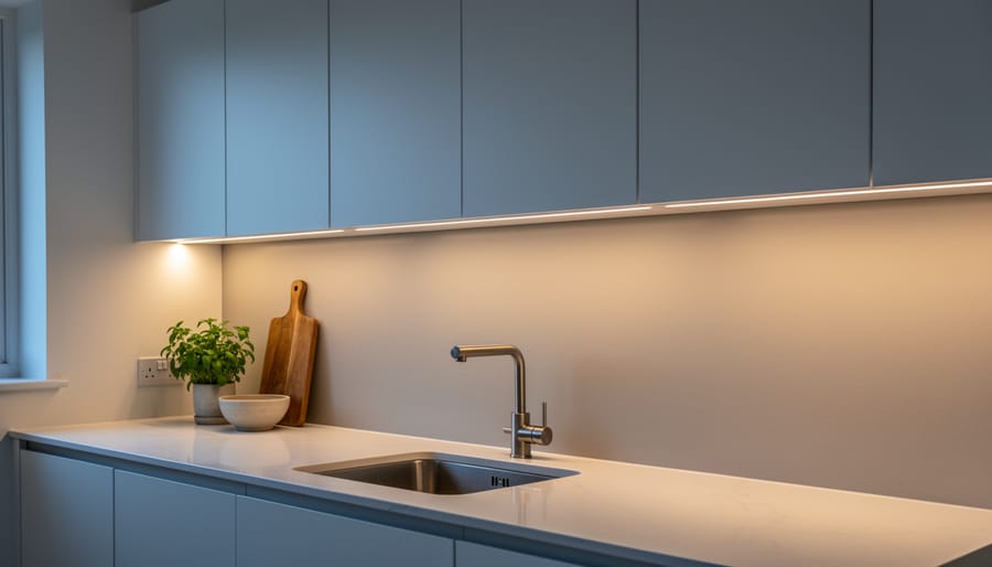 Under-cabinet LED strip lighting glowing beneath a kitchen cabinet in a modern kitchen setting