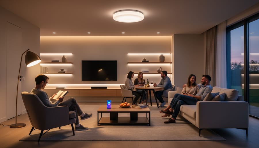 Warm layered lighting in a modern living room with a person reading near a table lamp