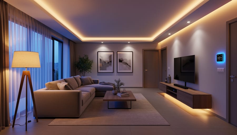 Wide view of a modern living room with layered recessed downlights creating warm pools of light on furniture.