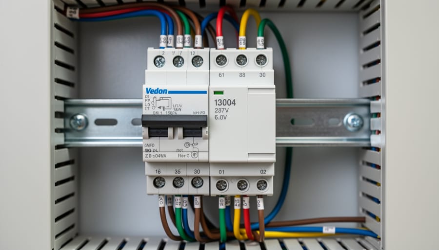 Close-up view of hardware module and wire terminations inside a lighting control panel enclosure