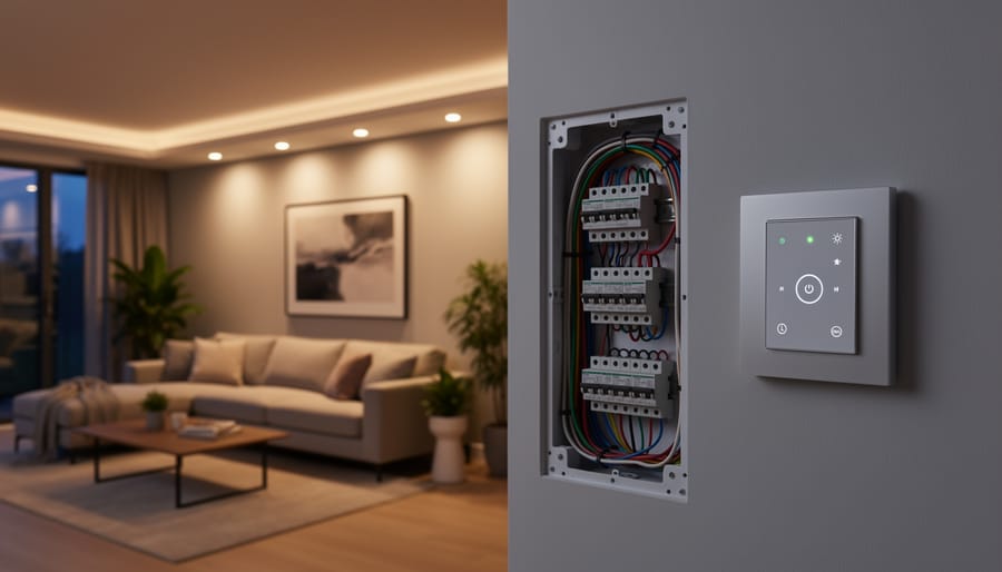 Wall-mounted lighting control device in a warm, softly lit living room