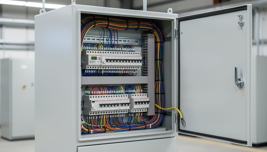 Opened residential electrical control panel enclosure with neatly routed wiring inside