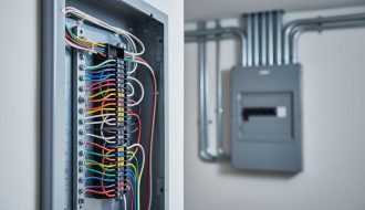 Close-up of a Lutron lighting control panel with neatly routed line voltage wiring, low-voltage control wires, and neutral/ground conductors inside a residential electrical enclosure.